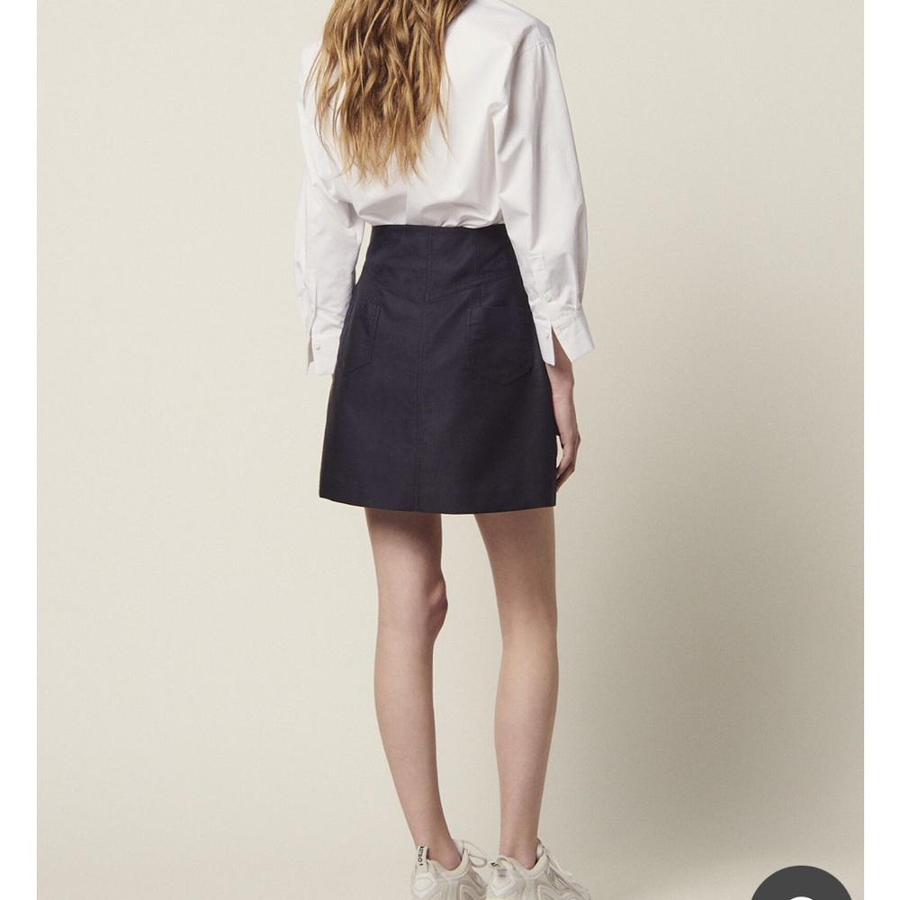 Sandro Navy A-Line Women's Mini Skirt With Jeweled Button